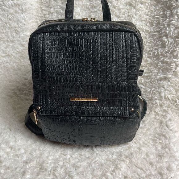 Steve Madden Black synthetic embossed small backpack gold tone hardwares. main image 9
